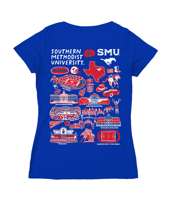 SMU Mustangs Hand Sketched Vive La Fete Impressions Artwork Red Women Cotton Short Sleeve V-Neck Tshirt