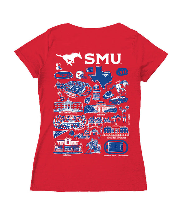 SMU Mustangs Hand Sketched Vive La Fete Impressions Artwork Red Women Cotton Short Sleeve V-Neck Tshirt