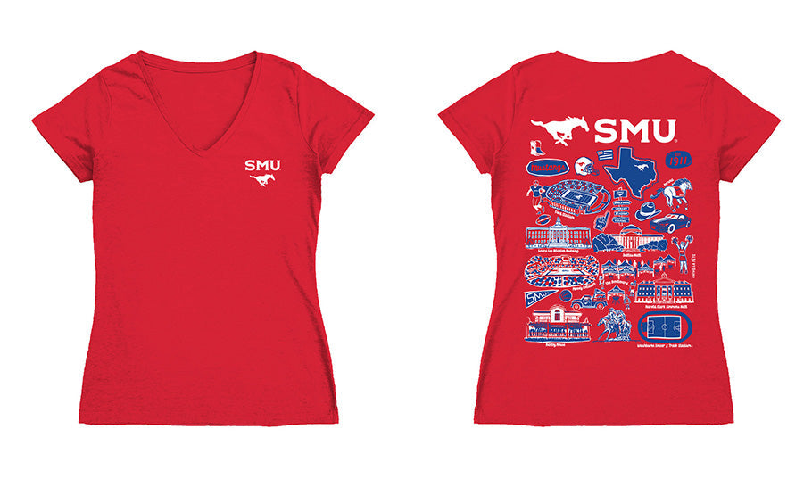 SMU Mustangs Hand Sketched Vive La Fete Impressions Artwork Red Women Cotton Short Sleeve V-Neck Tshirt
