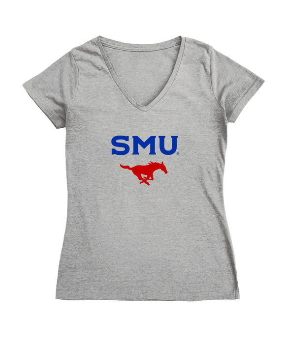 SMU Mustangs Women's V-neck Fitted Cotton T-Shirt Grey