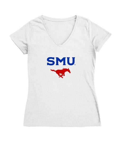 SMU Mustangs Women's V-neck Fitted Cotton T-Shirt White
