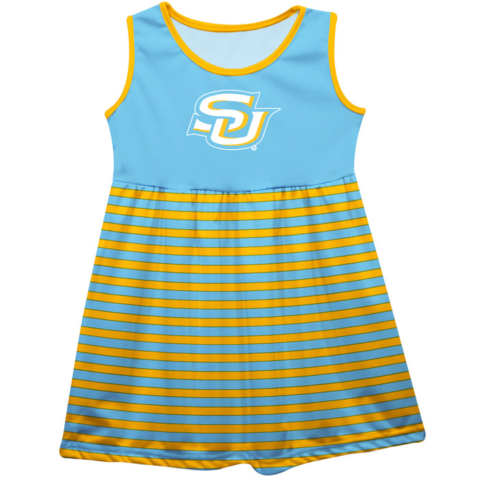 Southern University Jaguars Vive La Fete Girls Game Day Sleeveless Tank Dress Solid Blue Logo Stripes on Skirt