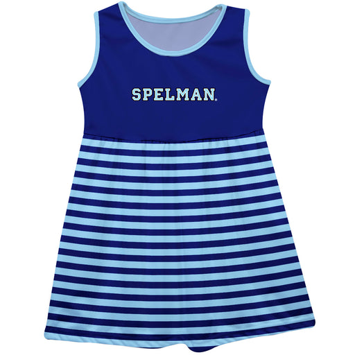 Spelman College Vive La Fete Girls Game Day Sleeveless Tank Dress Solid Blue Logo Stripes on Skirt