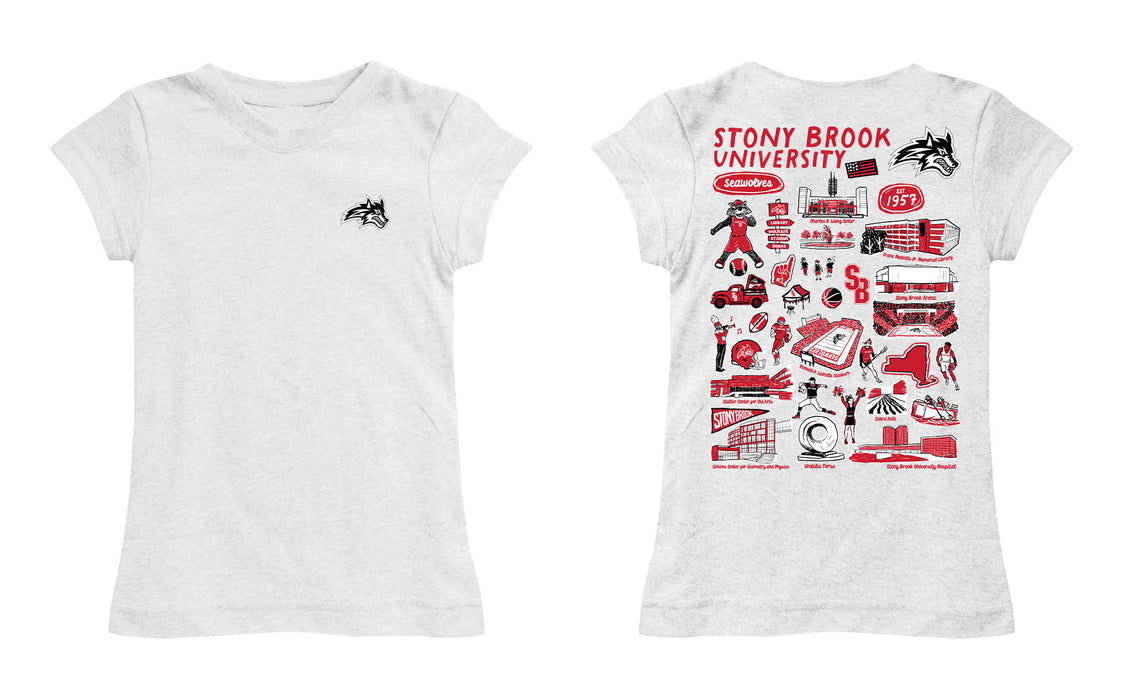Stony Brook Seawolves Hand Sketched Vive La Fete Impressions Artwork White Girls Cotton Short Sleeve Tee - Vive La Fête - Online Apparel Store