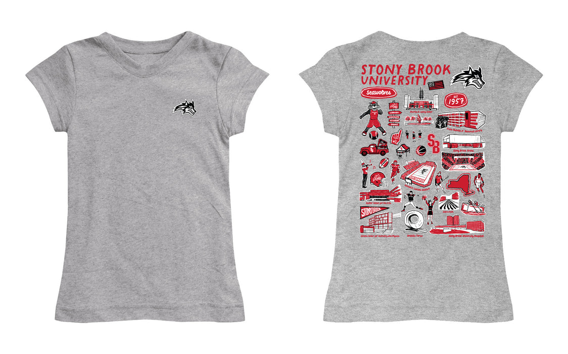 Stony Brook Seawolves Hand Sketched Vive La Fete Impressions Artwork Grey Girls Cotton Short Sleeve Tee - Vive La Fête - Online Apparel Store