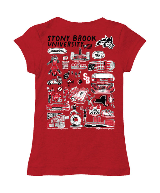 Stony Brook Seawolves Hand Sketched Vive La Fete Impressions Artwork Red Girls Cotton Short Sleeve Tee - Vive La Fête - Online Apparel Store