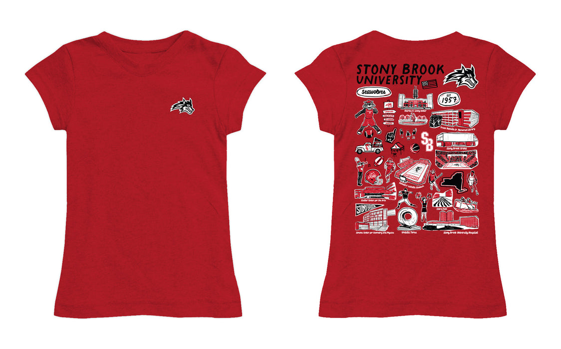 Stony Brook Seawolves Hand Sketched Vive La Fete Impressions Artwork Red Girls Cotton Short Sleeve Tee - Vive La Fête - Online Apparel Store