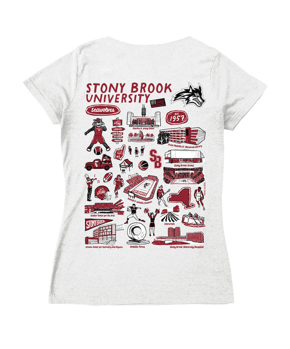 Stony Brook Seawolves Hand Sketched Vive La Fete Impressions Artwork Red Women Cotton Short Sleeve V-Neck Tshirt