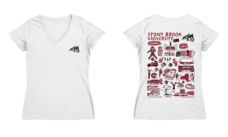 Stony Brook Seawolves Hand Sketched Vive La Fete Impressions Artwork Red Women Cotton Short Sleeve V-Neck Tshirt