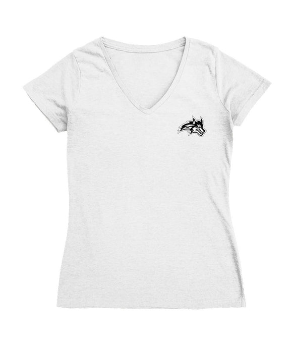 Stony Brook Seawolves Hand Sketched Vive La Fete Impressions Artwork White Women Cotton Short Sleeve V-Neck Tshirt