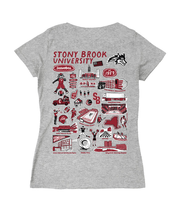Stony Brook Seawolves Hand Sketched Vive La Fete Impressions Artwork Red Women Cotton Short Sleeve V-Neck Tshirt