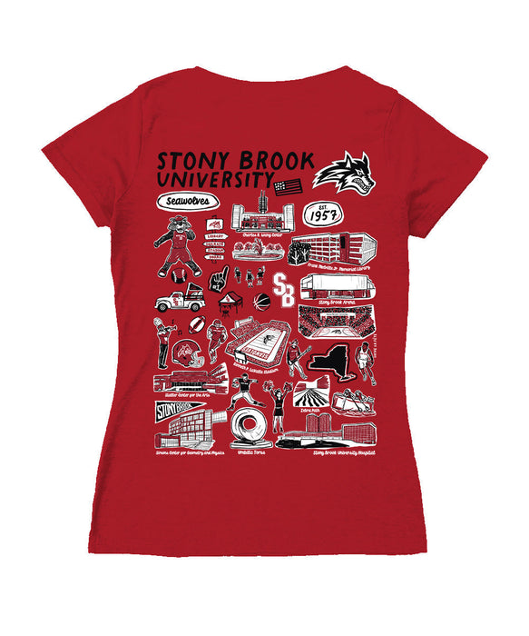 Stony Brook Seawolves Hand Sketched Vive La Fete Impressions Artwork Red Women Cotton Short Sleeve V-Neck Tshirt