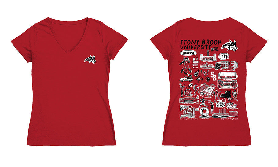 Stony Brook Seawolves Hand Sketched Vive La Fete Impressions Artwork Red Women Cotton Short Sleeve V-Neck Tshirt