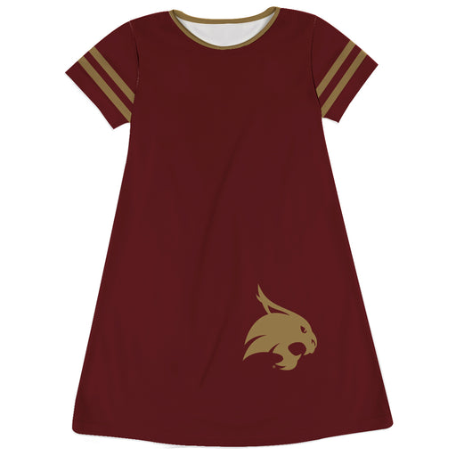 Texas State University Bobcats TXST Vive La Fete Girls Game Day Short Sleeve Maroon A-Line Dress with large Logo