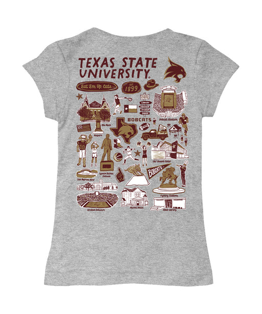 TXST Texas State Bobcats Hand Sketched Vive La Fete Impressions Artwork Grey Girls Cotton Short Sleeve Tee - Vive La Fête - Online Apparel Store