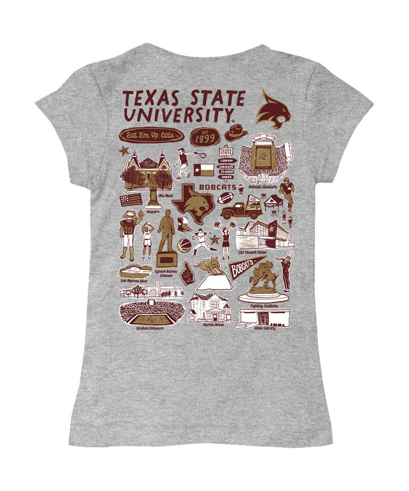 TXST Texas State Bobcats Hand Sketched Vive La Fete Impressions Artwork Grey Girls Cotton Short Sleeve Tee - Vive La Fête - Online Apparel Store