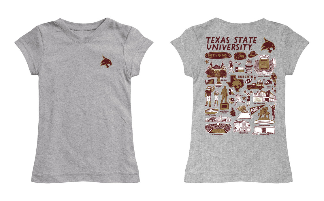TXST Texas State Bobcats Hand Sketched Vive La Fete Impressions Artwork Grey Girls Cotton Short Sleeve Tee - Vive La Fête - Online Apparel Store