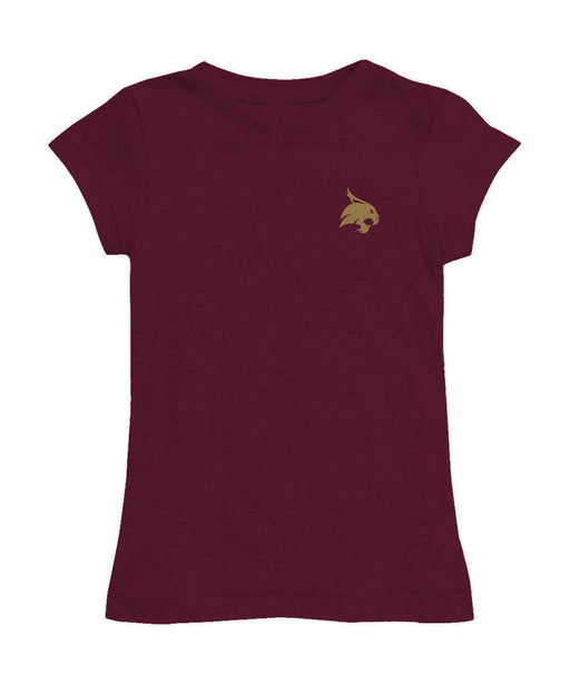 TXST Texas State Bobcats Hand Sketched Vive La Fete Impressions Artwork Maroon Girls Cotton Short Sleeve Tee