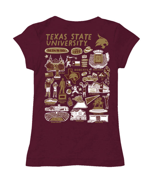TXST Texas State Bobcats Hand Sketched Vive La Fete Impressions Artwork Maroon Girls Cotton Short Sleeve Tee - Vive La Fête - Online Apparel Store