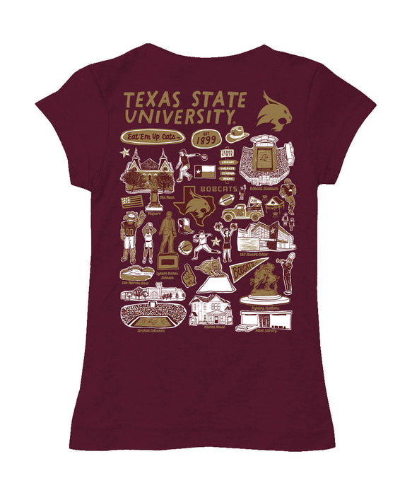 TXST Texas State Bobcats Hand Sketched Vive La Fete Impressions Artwork Maroon Girls Cotton Short Sleeve Tee - Vive La Fête - Online Apparel Store