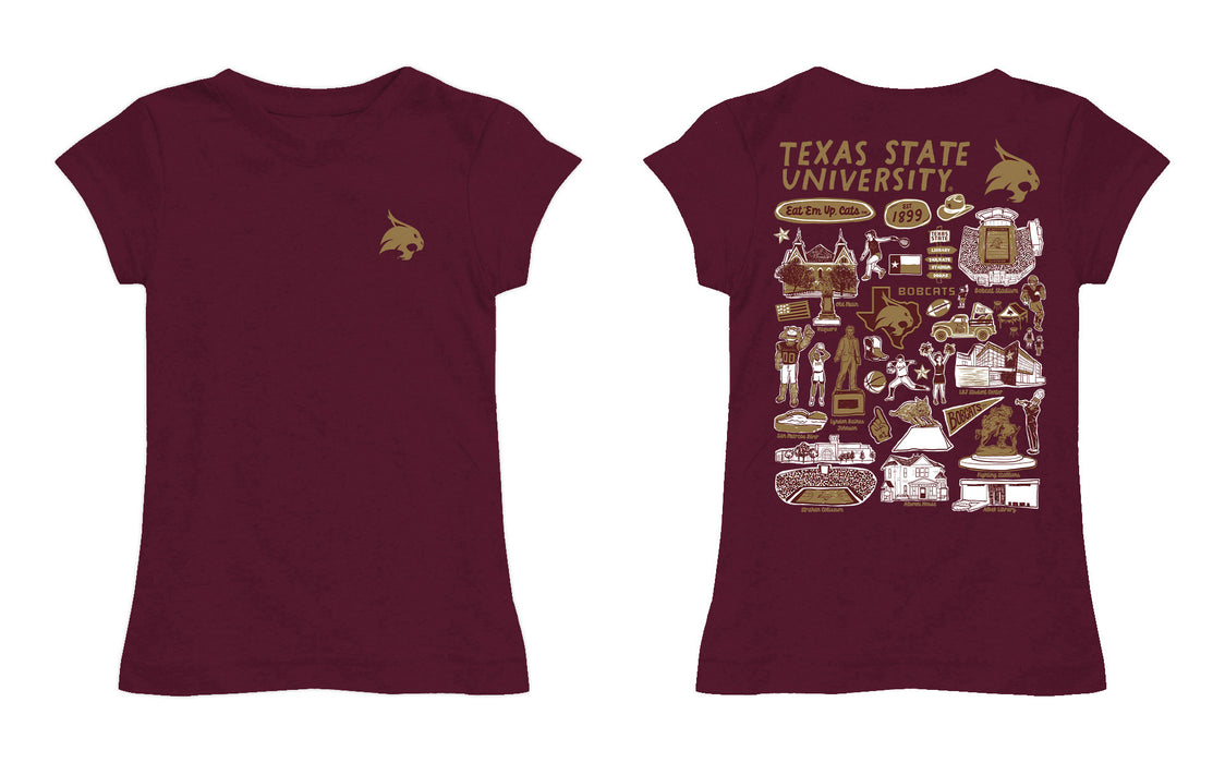 TXST Texas State Bobcats Hand Sketched Vive La Fete Impressions Artwork Maroon Girls Cotton Short Sleeve Tee - Vive La Fête - Online Apparel Store