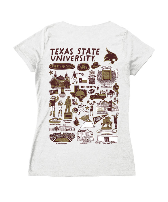 TXST Texas State Bobcats Hand Sketched Vive La Fete Impressions Artwork Maroon Women Cotton Short Sleeve V-Neck Tshirt