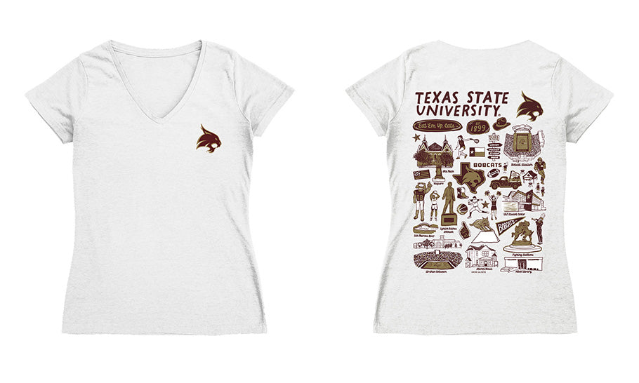 TXST Texas State Bobcats Hand Sketched Vive La Fete Impressions Artwork Maroon Women Cotton Short Sleeve V-Neck Tshirt