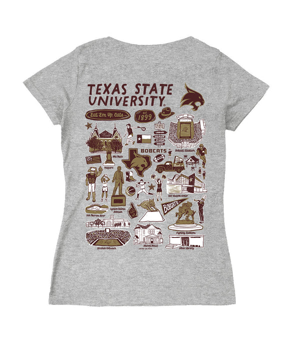 TXST Texas State Bobcats Hand Sketched Vive La Fete Impressions Artwork Maroon Women Cotton Short Sleeve V-Neck Tshirt