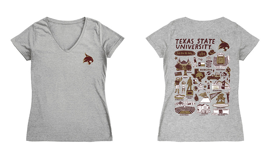 TXST Texas State Bobcats Hand Sketched Vive La Fete Impressions Artwork Maroon Women Cotton Short Sleeve V-Neck Tshirt