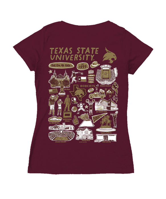 TXST Texas State Bobcats Hand Sketched Vive La Fete Impressions Artwork Maroon Women Cotton Short Sleeve V-Neck Tshirt