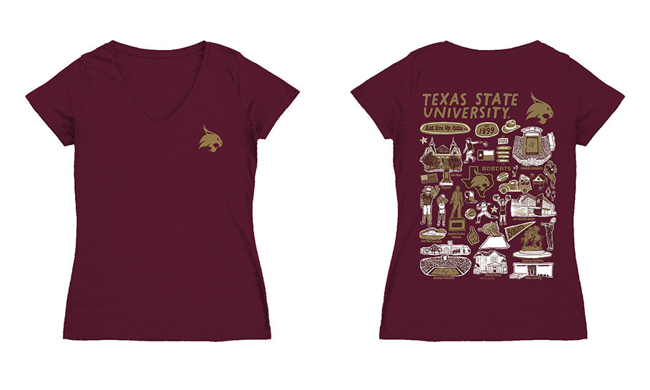 TXST Texas State Bobcats Hand Sketched Vive La Fete Impressions Artwork Maroon Women Cotton Short Sleeve V-Neck Tshirt