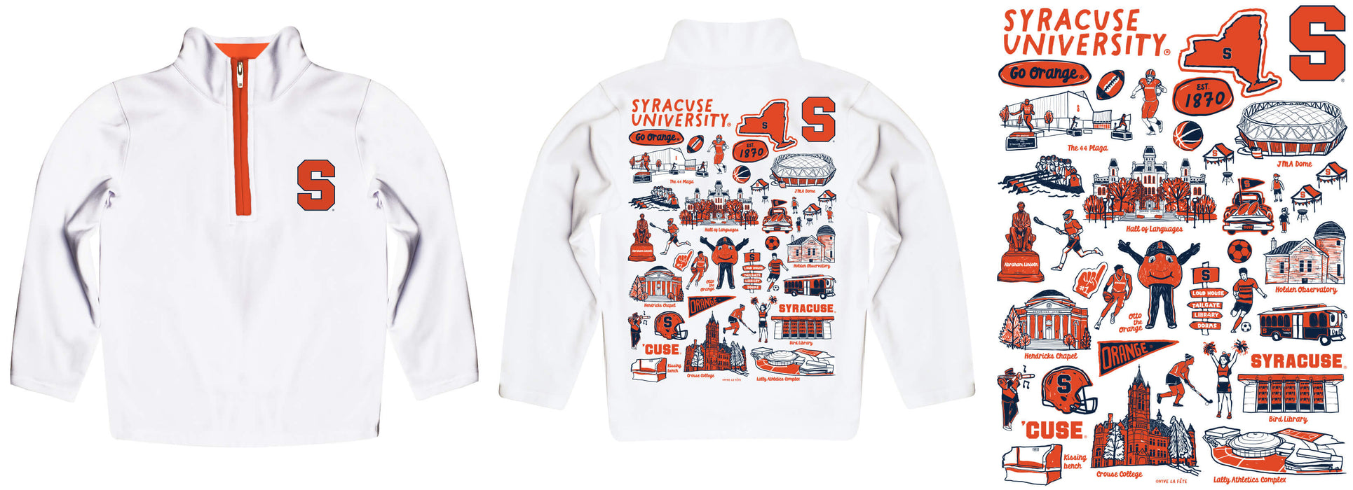 Syracuse Orange Hand Sketched Vive La Fete Impressions Artwork White Boys Quarter Zip Pullover V1 - Vive La Fête - Online Apparel Store