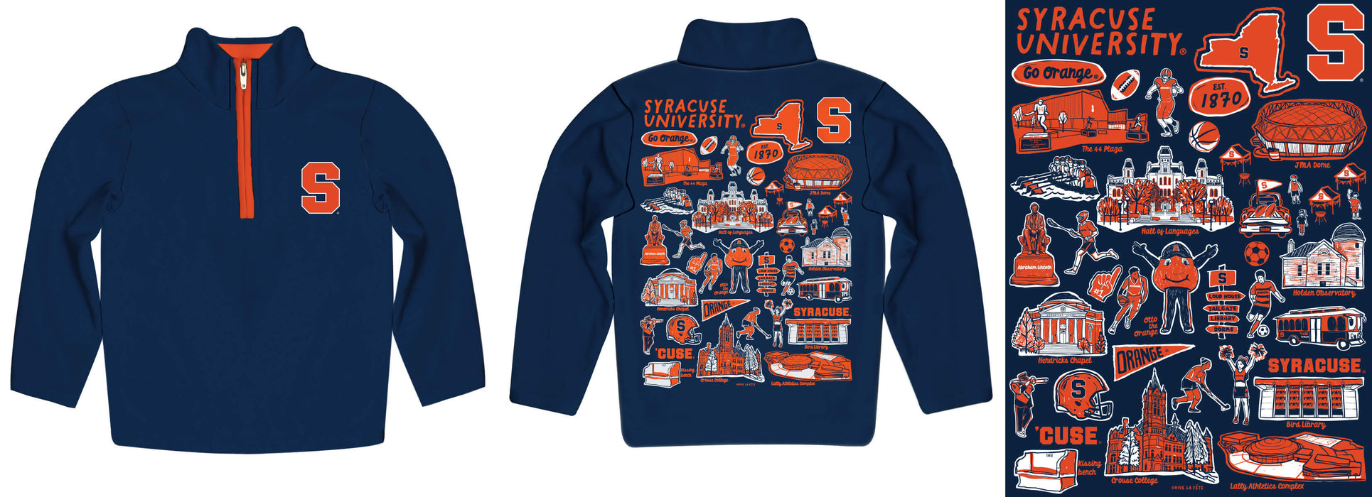 Syracuse Orange Hand Sketched Vive La Fete Impressions Artwork Blue Boys Quarter Zip Pullover V1 - Vive La Fête - Online Apparel Store
