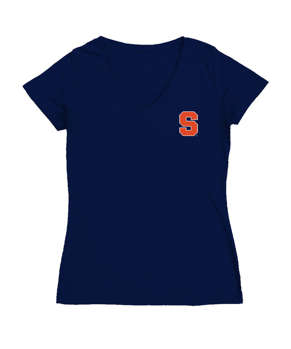 Syracuse Orange Hand Sketched Vive La Fete Impressions Artwork Navy Women Cotton Short Sleeve V-Neck Tshirt