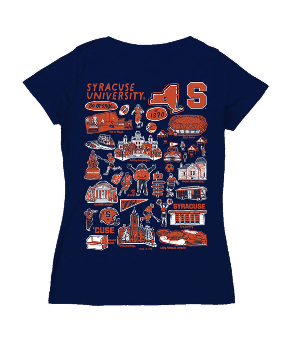 Syracuse Orange Hand Sketched Vive La Fete Impressions Artwork Navy Women Cotton Short Sleeve V-Neck Tshirt