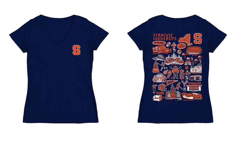 Syracuse Orange Hand Sketched Vive La Fete Impressions Artwork Navy Women Cotton Short Sleeve V-Neck Tshirt