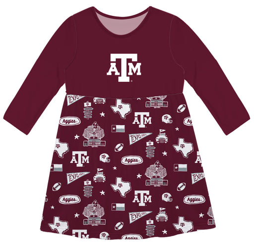 Texas A&M Aggies Long Sleeve Solid Maroon Repeat Print Hand Sketched Impressions Artwork on Skirt