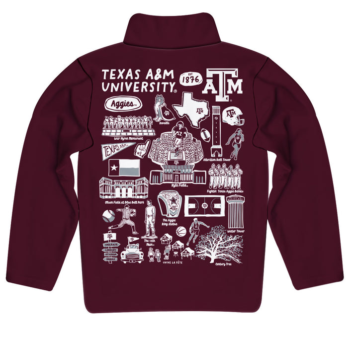 Texas A&M Aggies Hand Sketched Vive La Fete Impressions Artwork Aggie Maroon Boys Quarter Zip Pullover V1 - Vive La Fête - Online Apparel Store