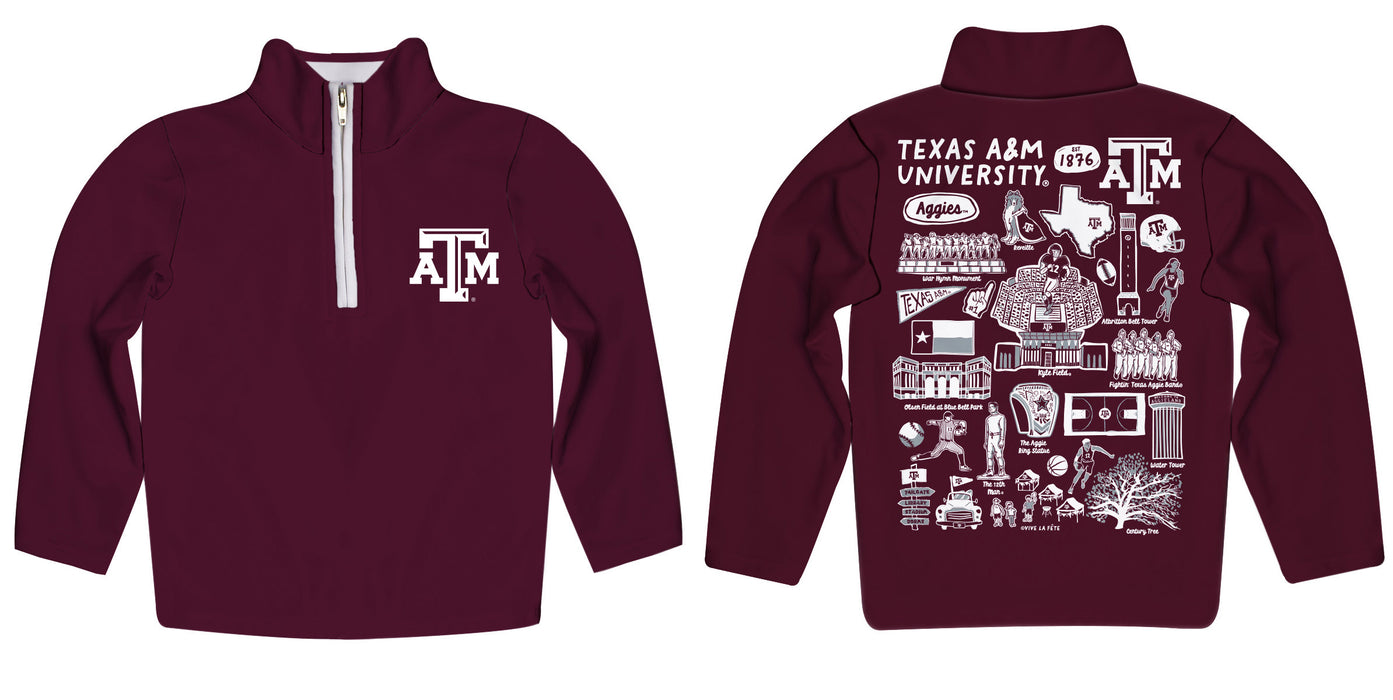 Texas A&M Aggies Hand Sketched Vive La Fete Impressions Artwork Aggie Maroon Boys Quarter Zip Pullover V1 - Vive La Fête - Online Apparel Store