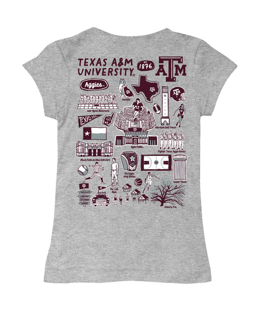 Texas A&M Aggies Hand Sketched Vive La Fete Impressions Artwork Grey Girls Cotton Short Sleeve Tee - Vive La Fête - Online Apparel Store