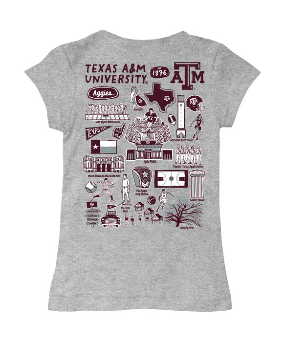 Texas A&M Aggies Hand Sketched Vive La Fete Impressions Artwork Grey Girls Cotton Short Sleeve Tee - Vive La Fête - Online Apparel Store