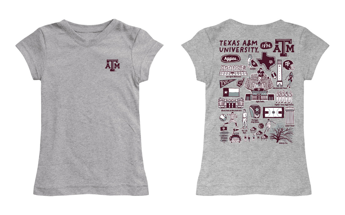 Texas A&M Aggies Hand Sketched Vive La Fete Impressions Artwork Grey Girls Cotton Short Sleeve Tee - Vive La Fête - Online Apparel Store