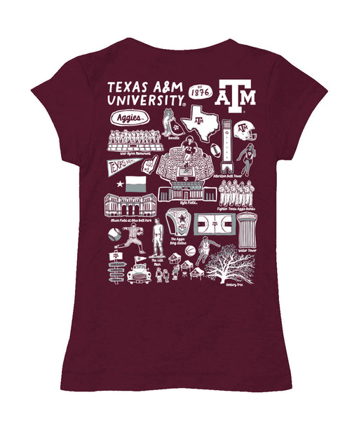 Texas A&M Aggies Hand Sketched Vive La Fete Impressions Artwork Maroon Girls Cotton Short Sleeve Tee - Vive La Fête - Online Apparel Store