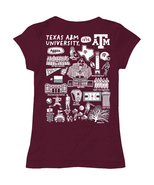 Texas A&M Aggies Hand Sketched Vive La Fete Impressions Artwork Maroon Girls Cotton Short Sleeve Tee - Vive La Fête - Online Apparel Store