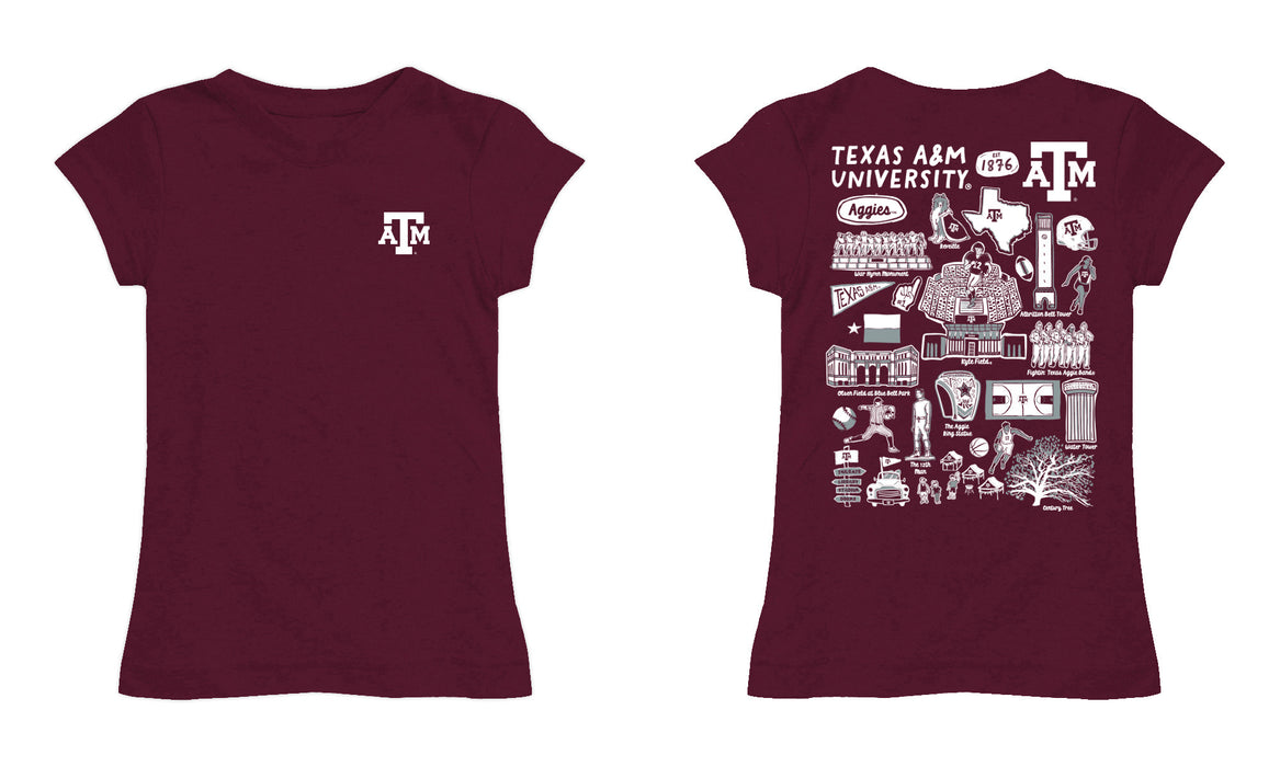 Texas A&M Aggies Hand Sketched Vive La Fete Impressions Artwork Maroon Girls Cotton Short Sleeve Tee - Vive La Fête - Online Apparel Store
