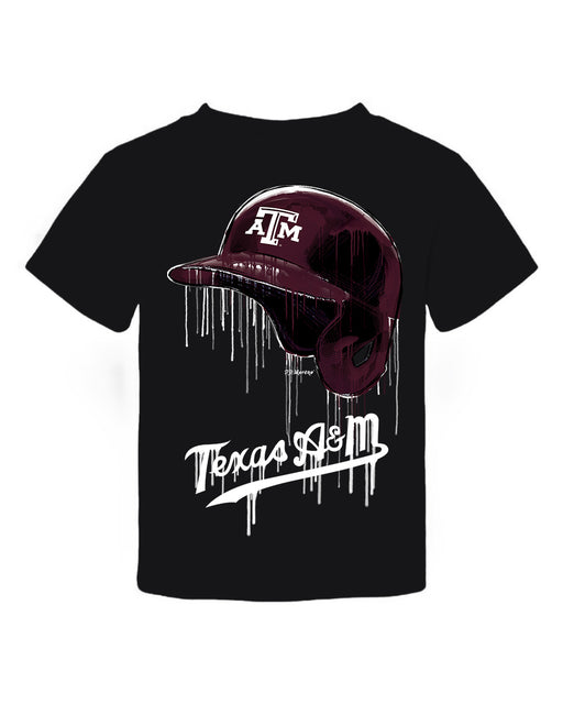 Texas A&M Aggies Original Dripping Baseball Helmet Black T-Shirt Cotton by Vive La Fete