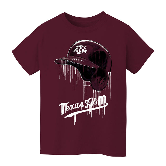 Texas A&M Aggies Original Dripping Baseball Helmet Maroon T-Shirt Cotton by Vive La Fete