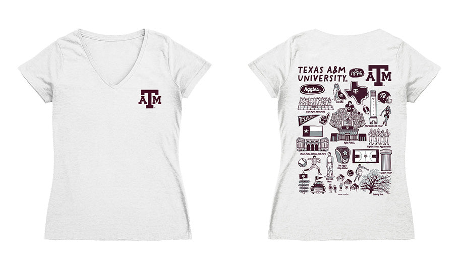 Texas A&M Aggies Hand Sketched Vive La Fete Impressions Artwork Maroon Women Cotton Short Sleeve V-Neck Tshirt