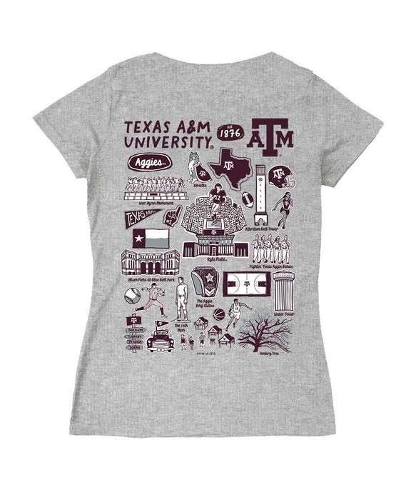 Texas A&M Aggies Hand Sketched Vive La Fete Impressions Artwork Maroon Women Cotton Short Sleeve V-Neck Tshirt