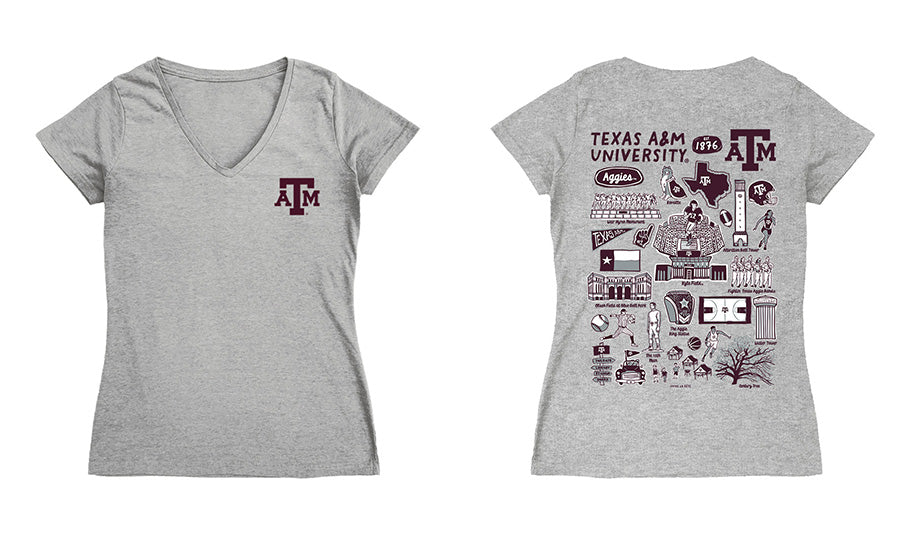 Texas A&M Aggies Hand Sketched Vive La Fete Impressions Artwork Maroon Women Cotton Short Sleeve V-Neck Tshirt